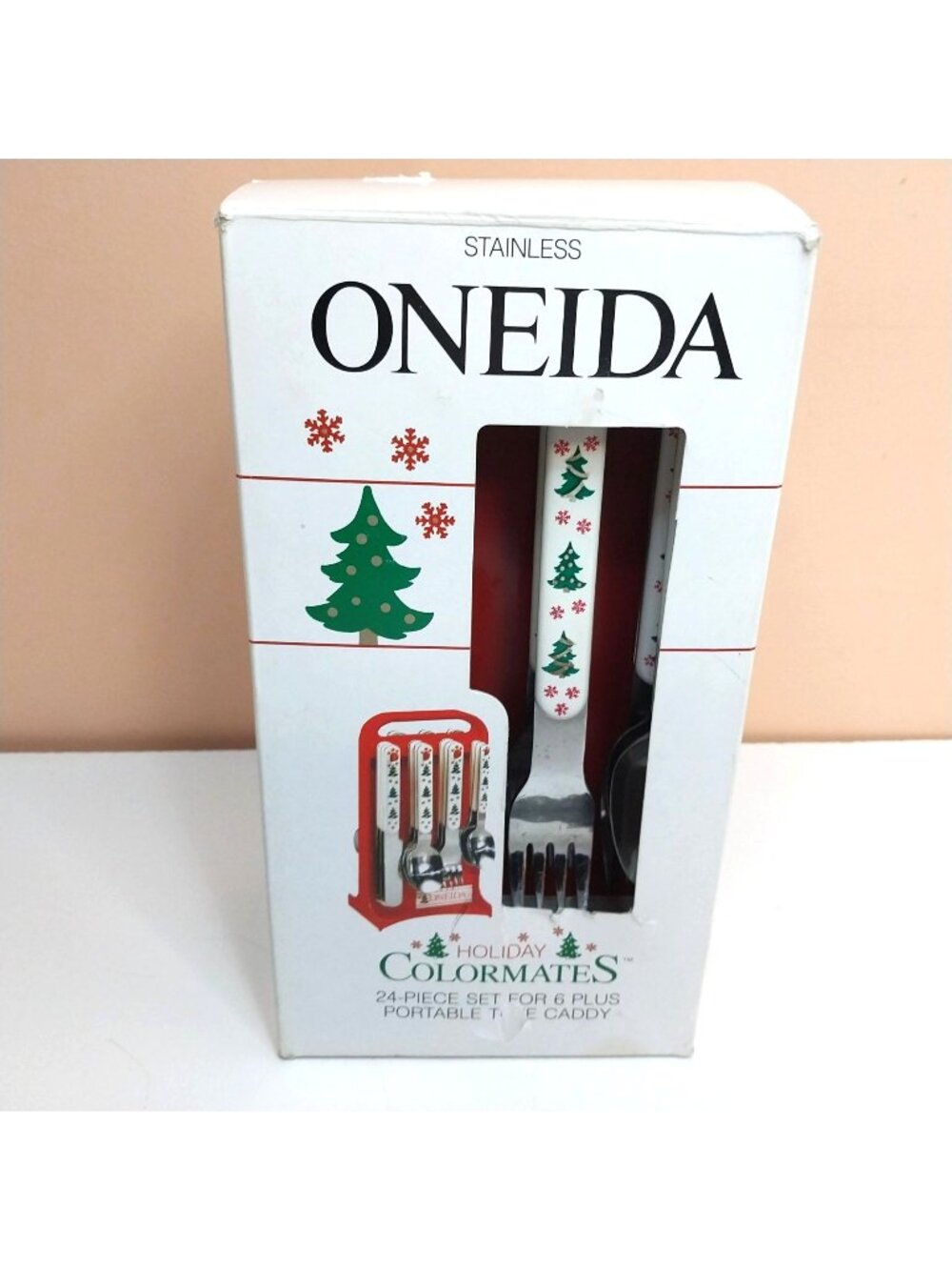Oneida Holiday Colormates 23-Piece Flatware Set Christmas Tree Red Caddy